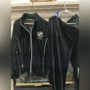 Ralph Lauren Black Velour Track Suit Set with Logo